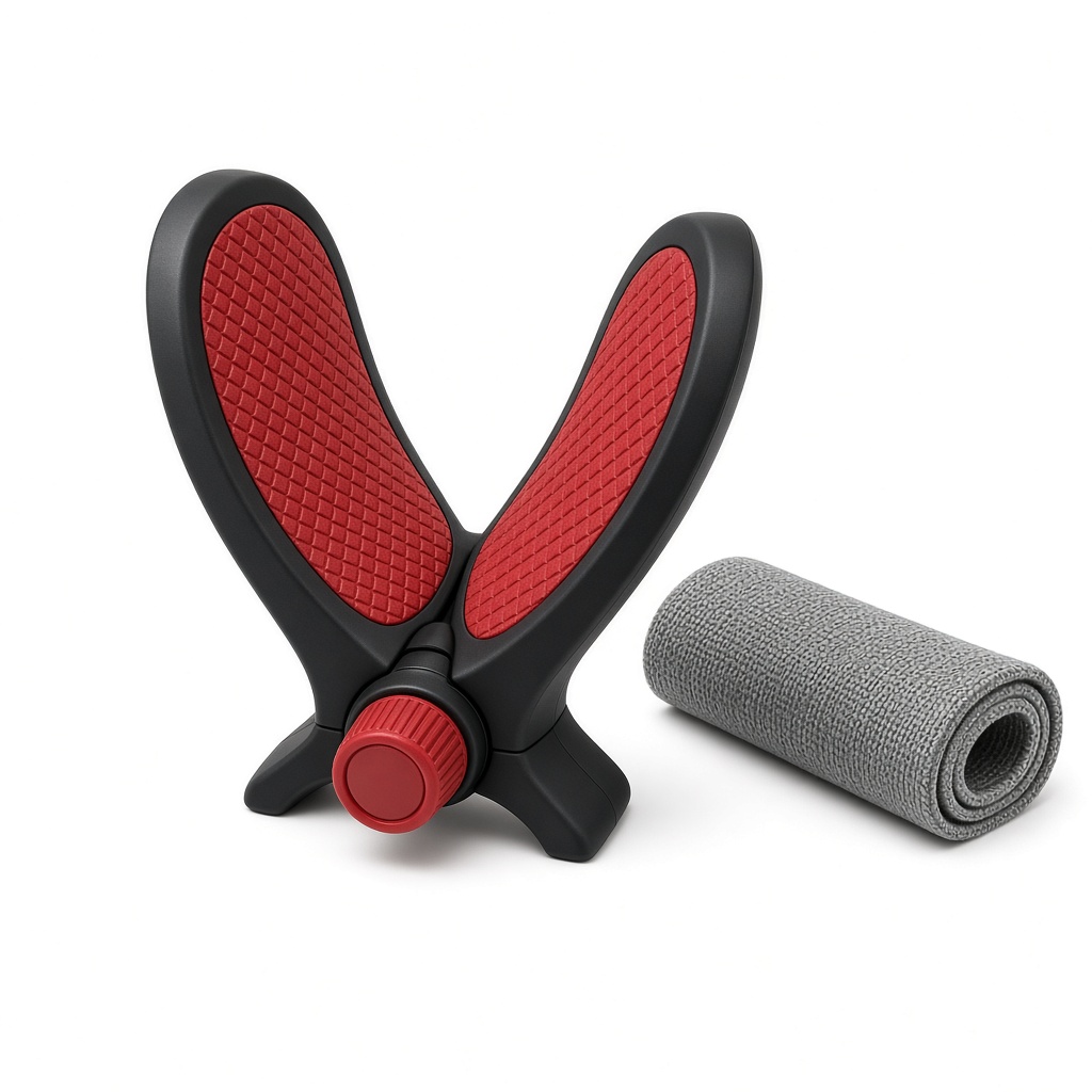 Black home trainer with red textured pads, a red resistance knob and a grey resistance band
