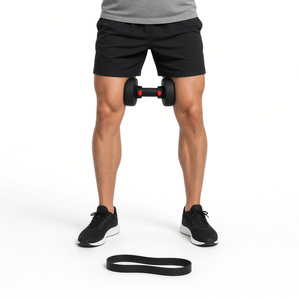 Illustrative photo of a thigh trainer held between the thighs above the knees
